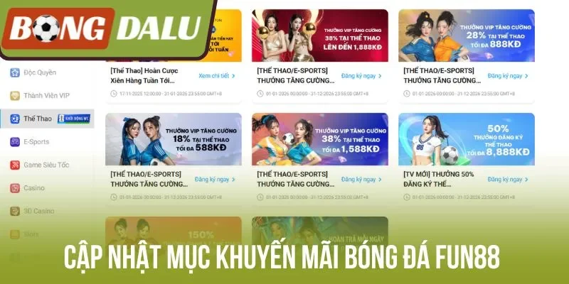 Cập nhật mục khuyến mãi bóng đá Fun88 