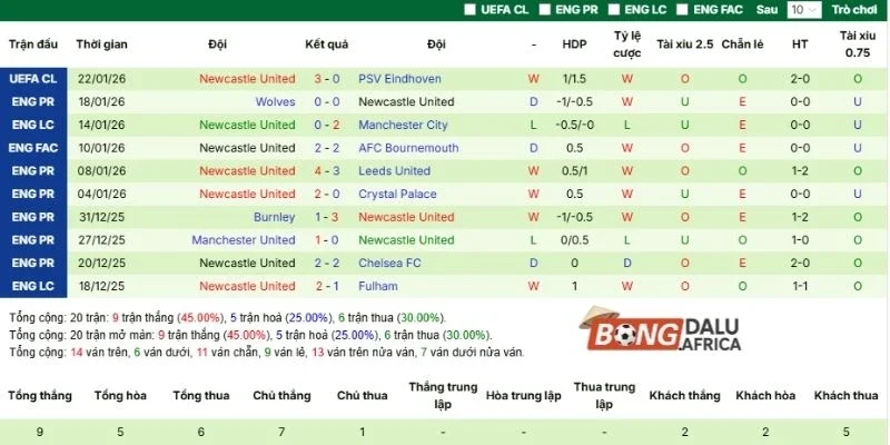 Phong độ thi đấu Newcastle thời gian qua