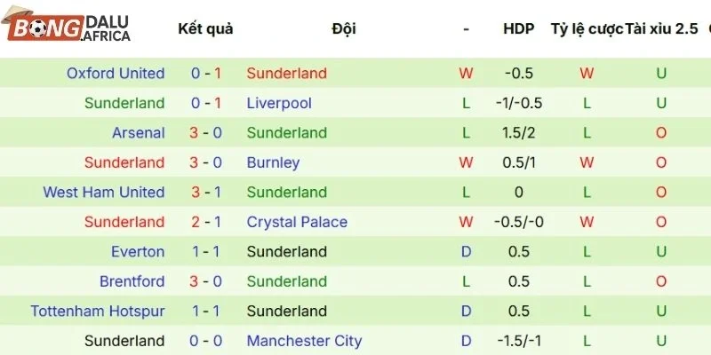 Thành tích 5 lần ra sân gần nhất của Sunderland