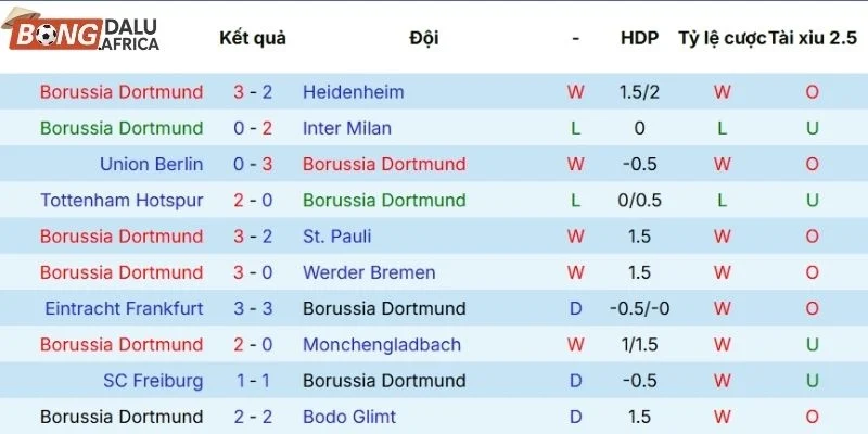 Thành tích các trận gần nhất Dortmund góp mặt